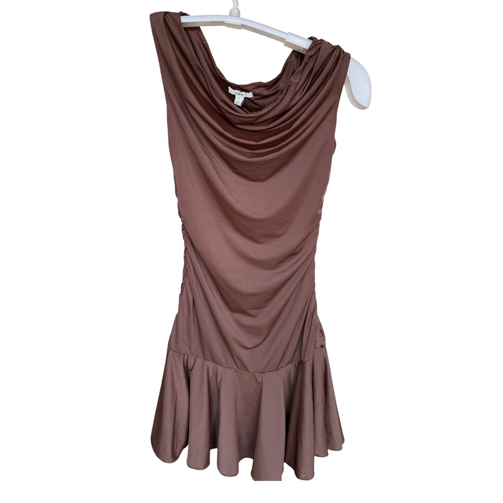 Bar III Womens Brown Ruched Cowl Neck Ruffle Hem Bodycon Mini Dress Size S - Picture 5 of 10